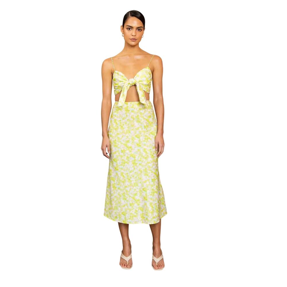 Misha Summer Ditsy Print Everlyn Front Tie Cut-Out Midi Dress Yellow Size S